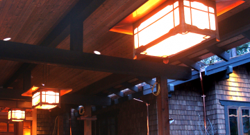 Greene & Greene-inspired copper lanterns, with art glass, for a home in Lake Oswego, Oregon.