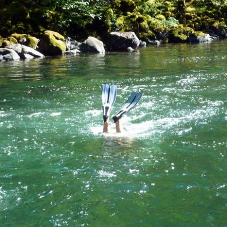 Laurie Cox, Repoussé Artist for Archive Designs, taking a swimming break in Oregon